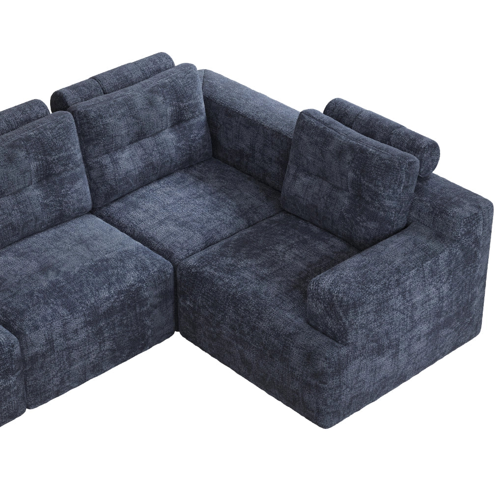 Divano modulare a U senza montaggio con schienale alto e cuscino, in ciniglia blu, 252 × 180 × 82 cm