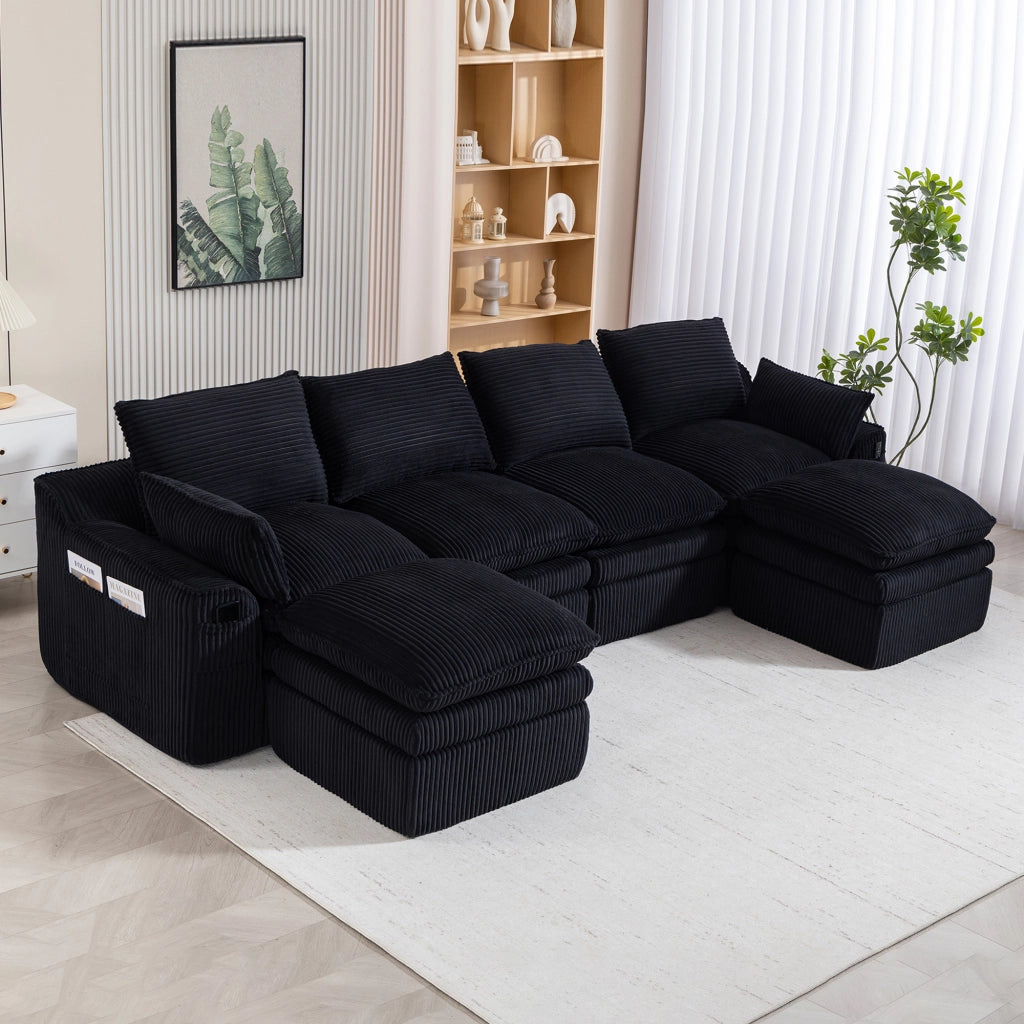 Divano modulare 4 posti in velluto a coste con cuscini e tasche laterali per soggiorno, nero 335 × 167 × 85 cm