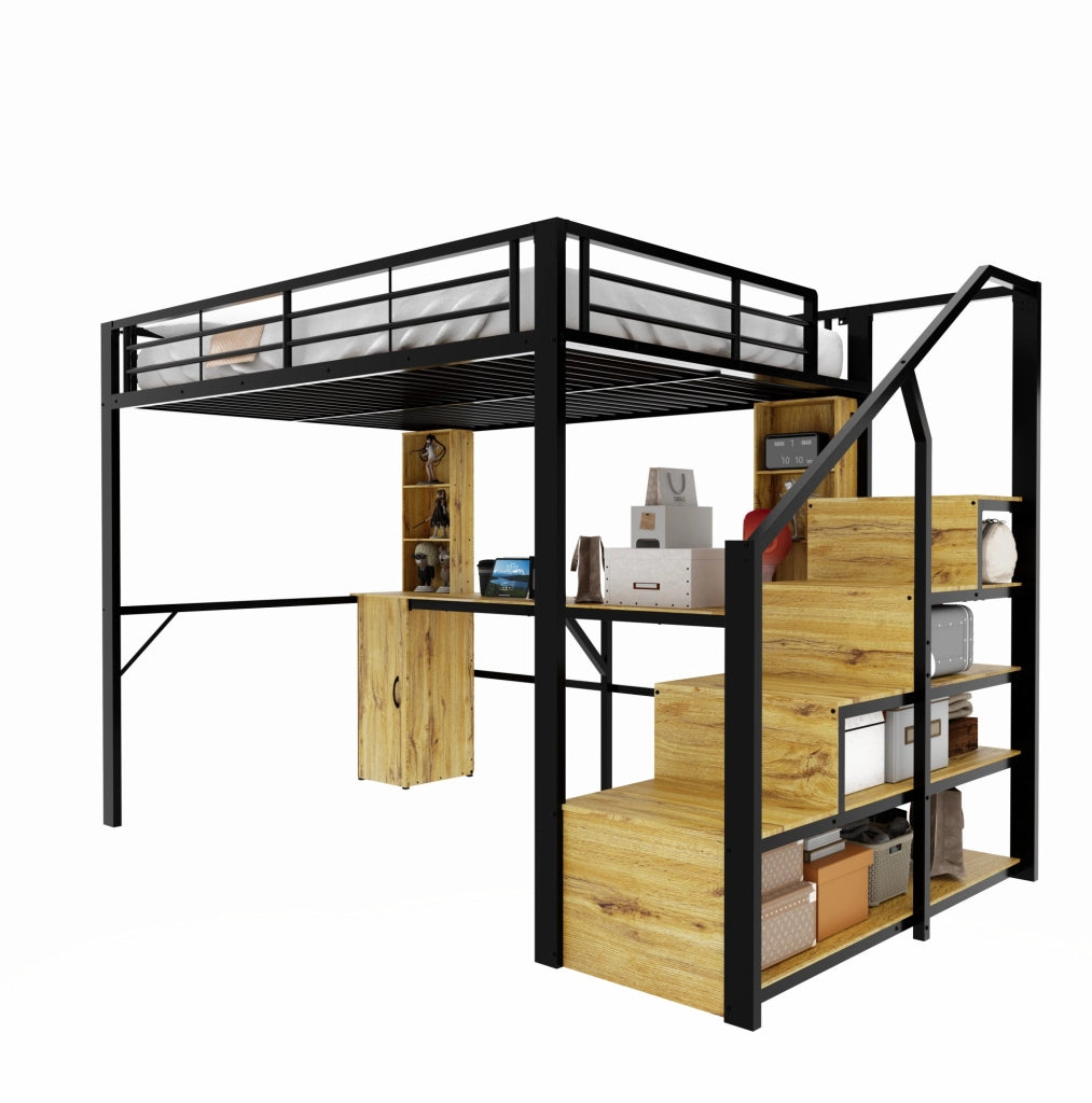 Letto a soppalco 140x200 cm in metallo e MDF con scrivania; armadio; scale contenitore; nero