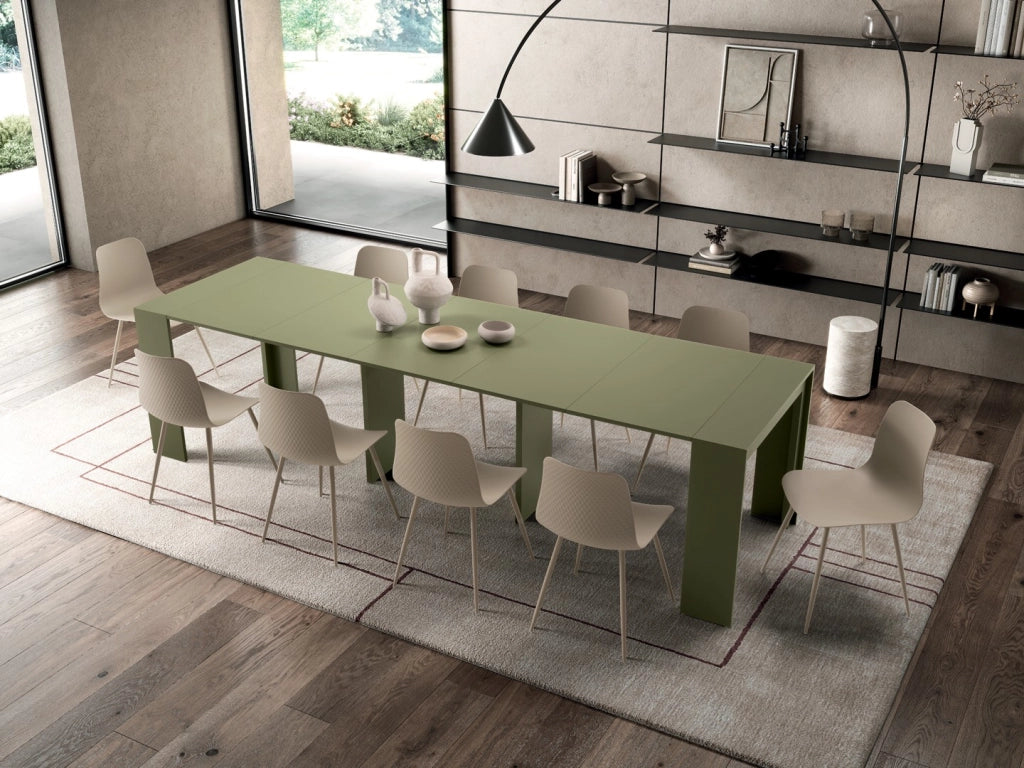 Consolle Allungabile Pinocchio - Tavolo moderno in MDF laccato verde opaco antigraffio, design trasformabile ed elegante - OM