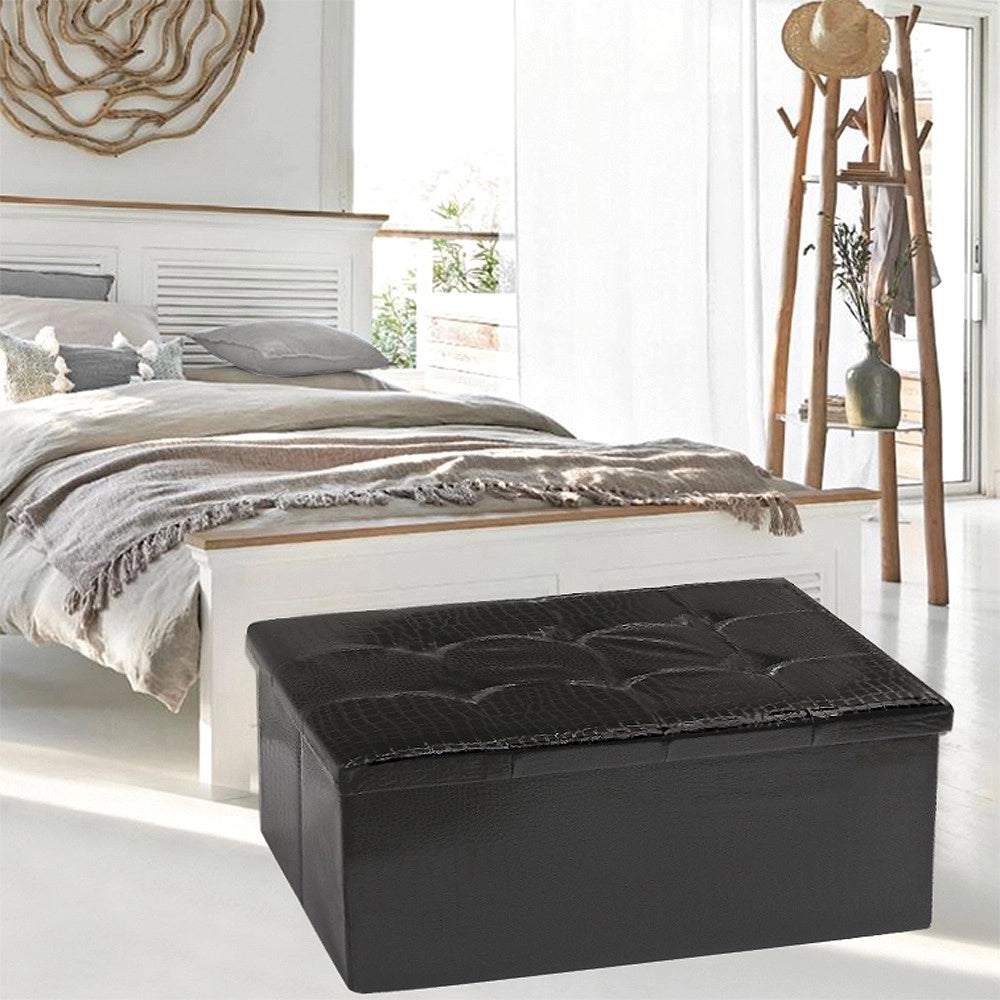 Cassapanca Contenitore Pouf Panca Poggiapiedi Similpelle Pelle Finta Coccodrillo 76x38x38 cm Nera