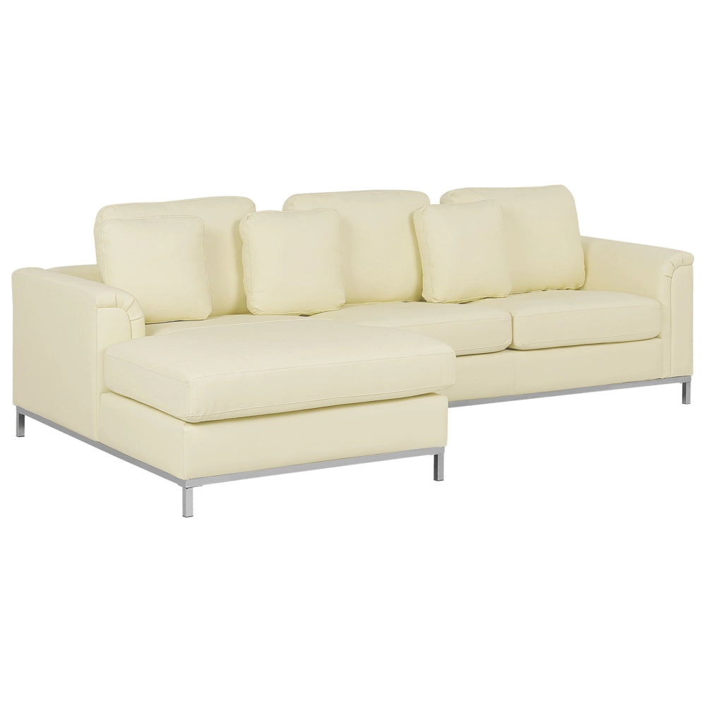 Divano ad angolo rivestito in pelle beige con orientamento a versione destra a forma di L ottomana