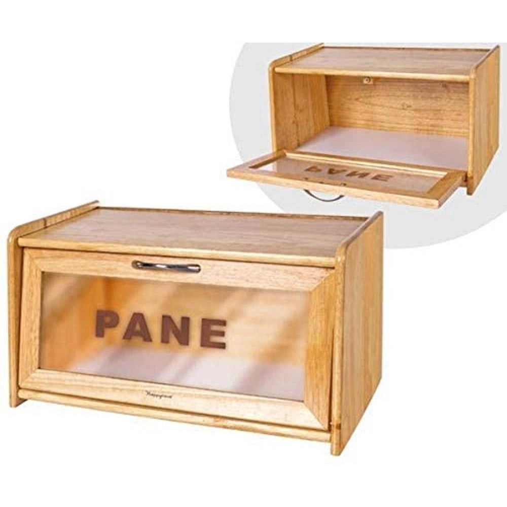 Trade Shop - Portapane In Legno Con Vetrina In Vetro Chiusura A Calamita Contenitore 38x22x20cm -