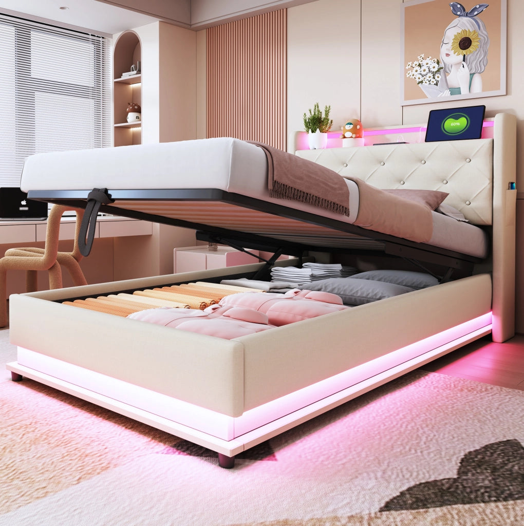 Letto imbottito 90x200 cm; testiera apribile e luci LED; lino beige