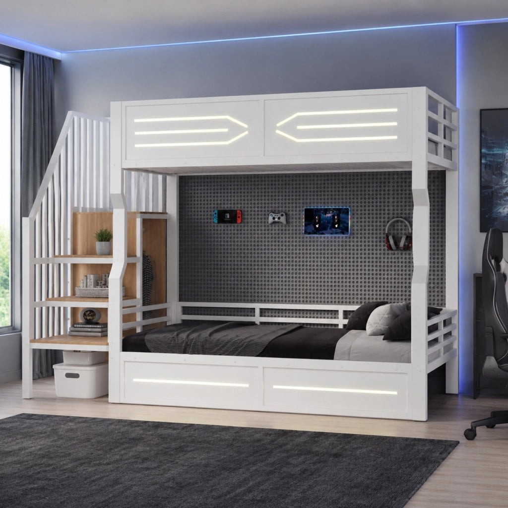 Letto a castello 90x200 cm con scala contenitore; LED e struttura in metallo; bianco