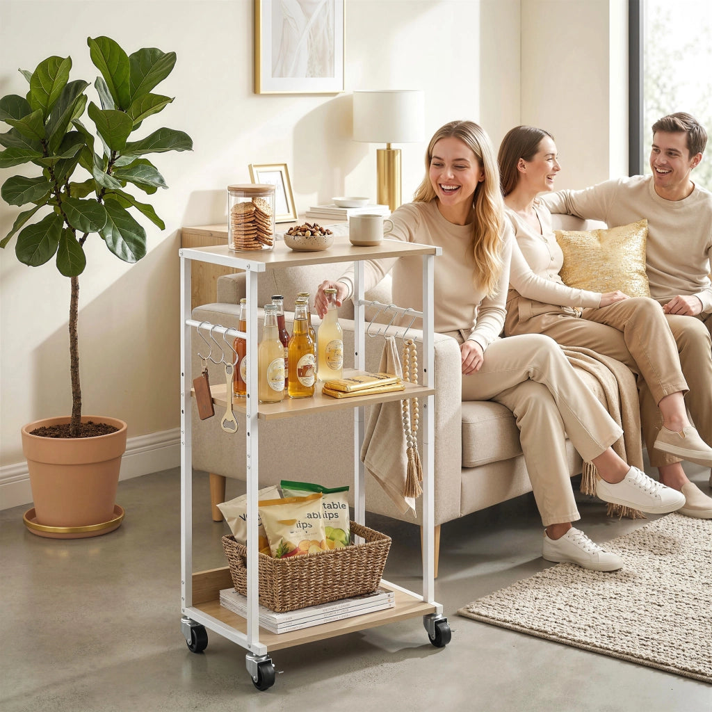 Mobile Supporto per Stampante a 3 livelli 43x30x82 cm con Ruote e Ganci in Legno e Metallo Naturale
