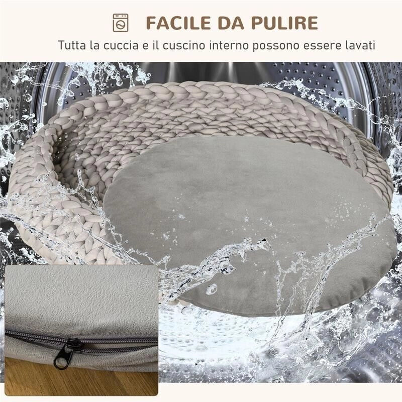 CUCCIA PER CANI E GATTI ROTONDA CON BORDI RIALZATI E CUSCINO, IMBOTTITO EFFETTO VELLUTO, F93X15CM, GRIGIA