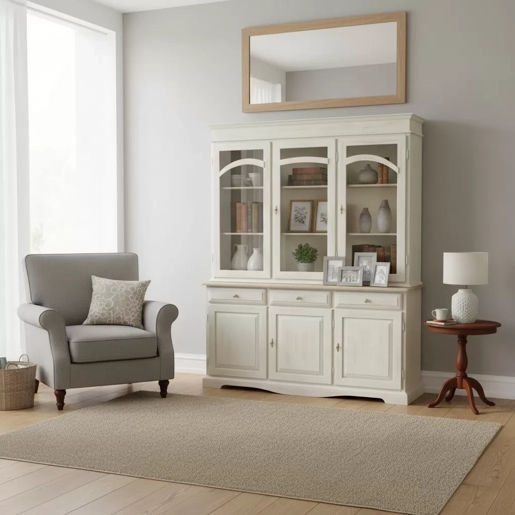 Cristalliera 3 ante legno shabby bianco anticato e tortora 156x42x205 - Mobili 2G