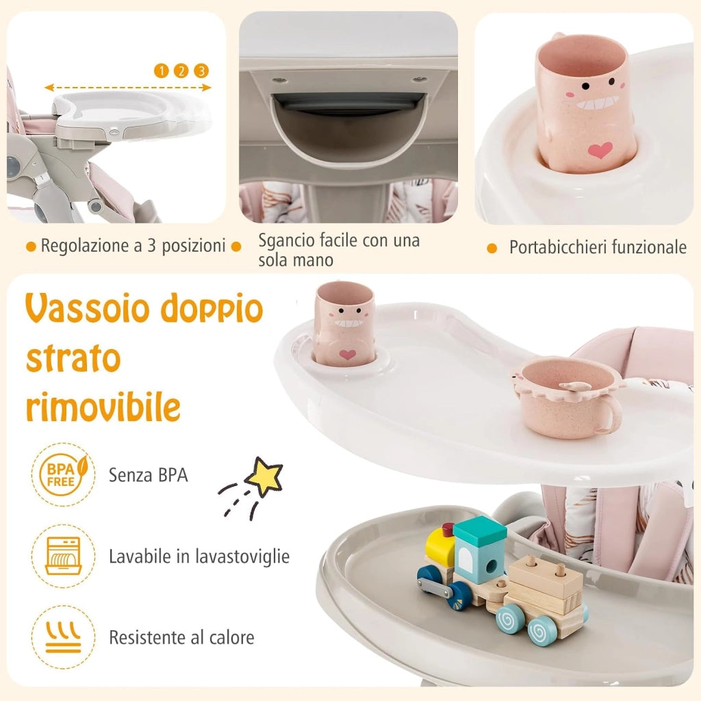 Seggiolone Pappa Bambini Pieghevole, Altezza Regolabile (Rosa) | Seggiolone Multifunzione con 4 Ruote, Poggiapiedi e Schienale, Vassoio Rimovibile, per 6-36 Mesi, Fino a 15 kg