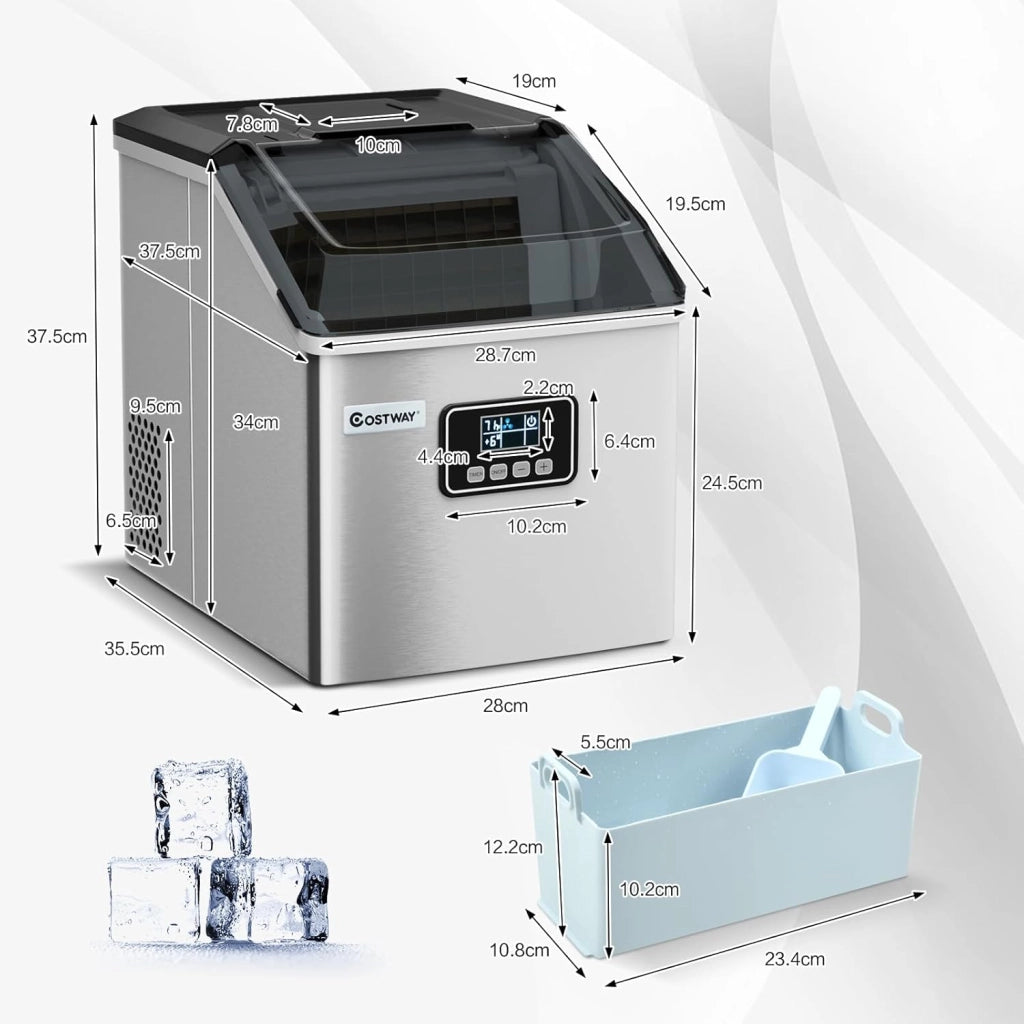 Macchina del Ghiaccio in Acciaio Inox, Macchina del Ghiaccio Elettrica con Paletta e Castello, Produzione 18kg/24H, Ideale per Casa e Ufficio