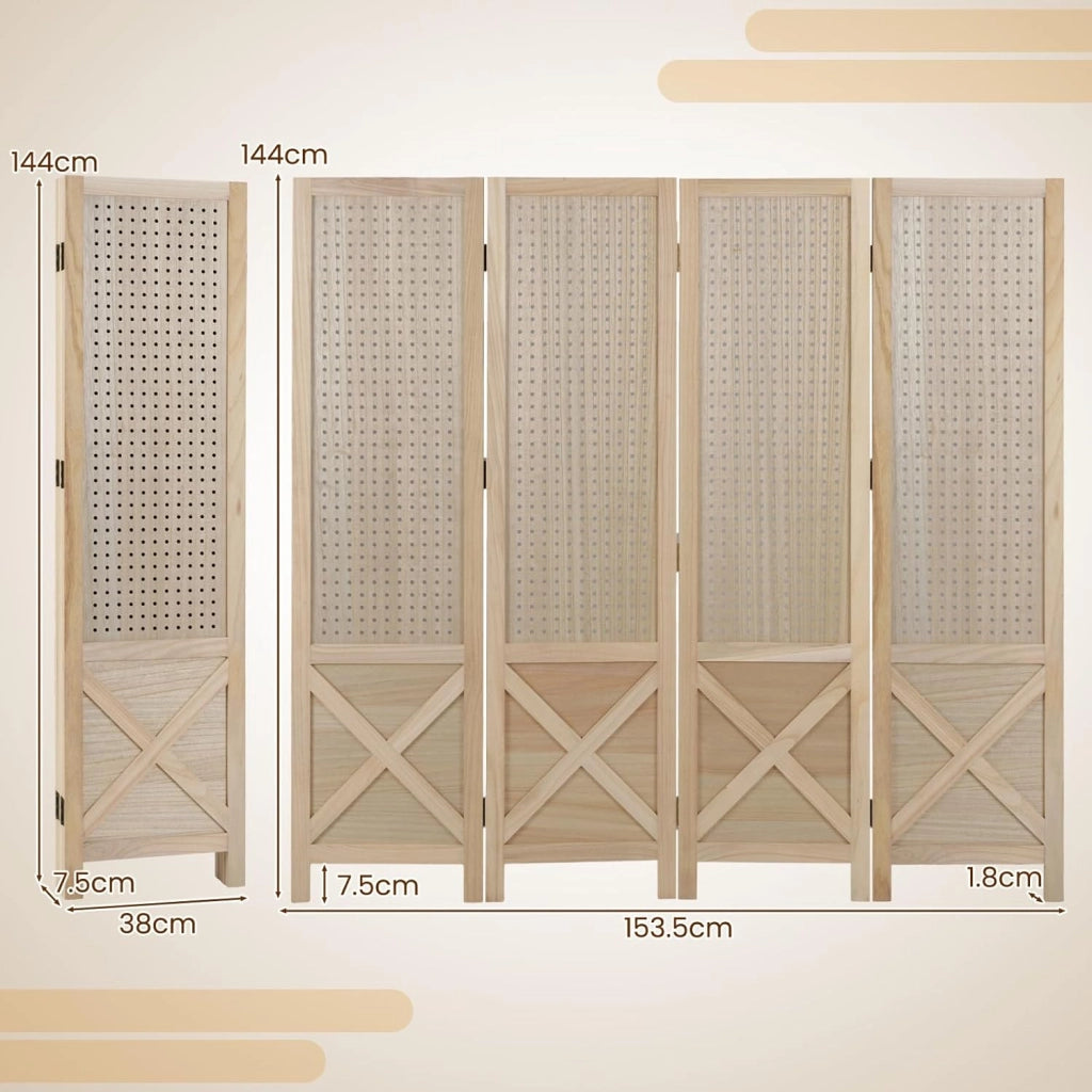 Paravento in legno per interni con 4 pannelli perforati, separatore di pezzi pieghevole a 4 pannelli, telaio in legno di Paulownia, piede antiscivolo, per uso domestico o commerciale