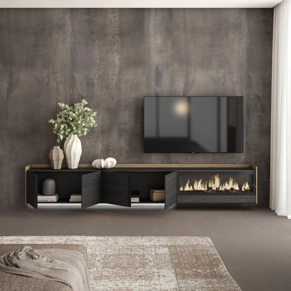 Mobile TV Soggiorno, 315x50x35 cm, Per TV fino a 80", Camino elettrico XXL, Sospeso, da appendere, LED, Nero e rovere