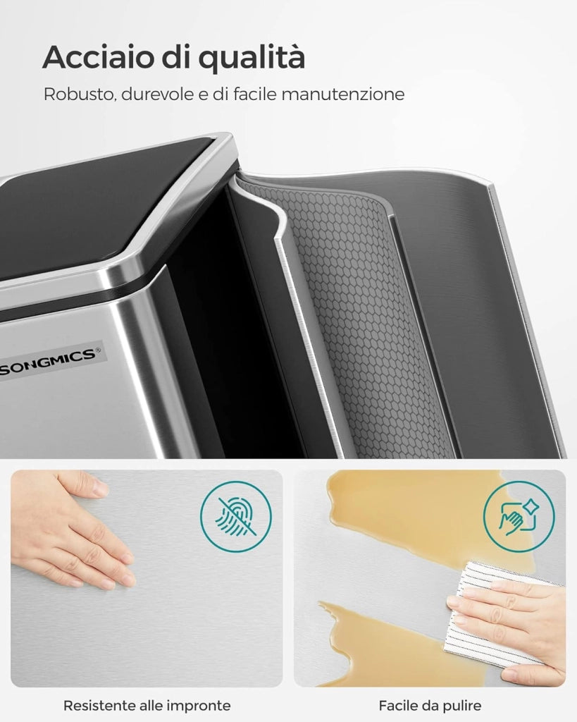 SONGMICS Cestino da Cucina, Doppio Secchio 2 x 15L per Raccolta Differenziata, Pattumiera a Pedale, Coperchi a Chiusura Morbida, Acciaio, Argento Metallizzato e Nero Inchiostro LTB30H