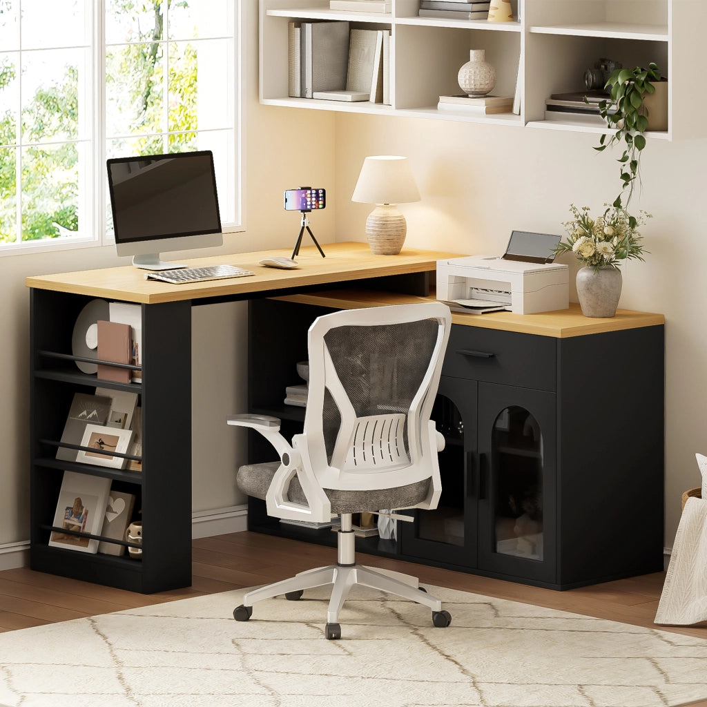 Isola da Cucina 136x50x78 cm Nera e Legno con Tavolo Girevole 360°, Cassetto, Ripiani e Vetro