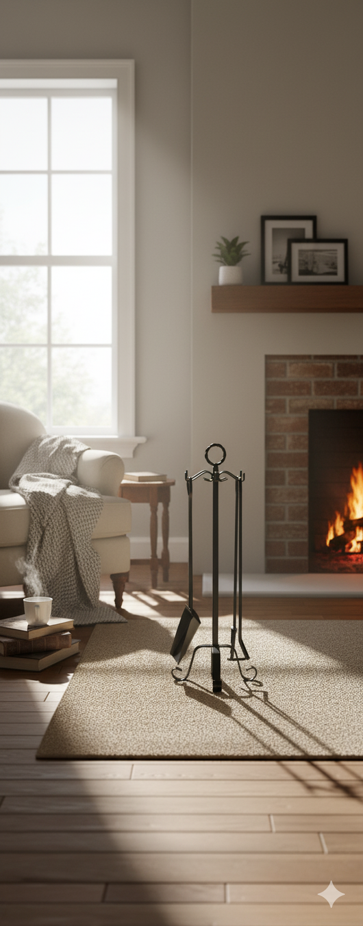 Trespolo per Attrezzi Camino Modello Basic Anello con Paletta Scopino Attizzino e Pinza 20x20x55 cm in Ferro Verniciato