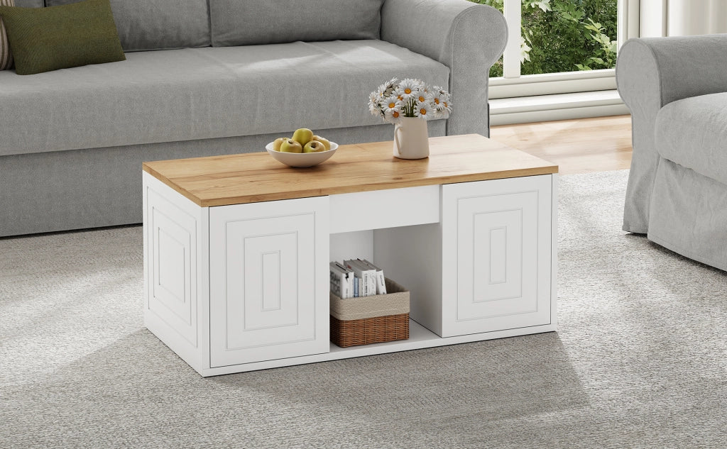 TAVOLO CAFFÈ elevabile 46x95x45 cm bianco e naturale con 2 ante