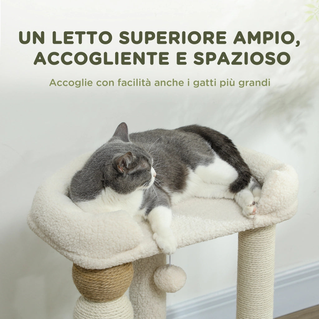 Tiragraffi per Gatti con Cuccia, Piattaforma e Pallina ¨C Xylo ¨C Legno, Peluche e Iuta, 48.5x40x76 cm, Beige