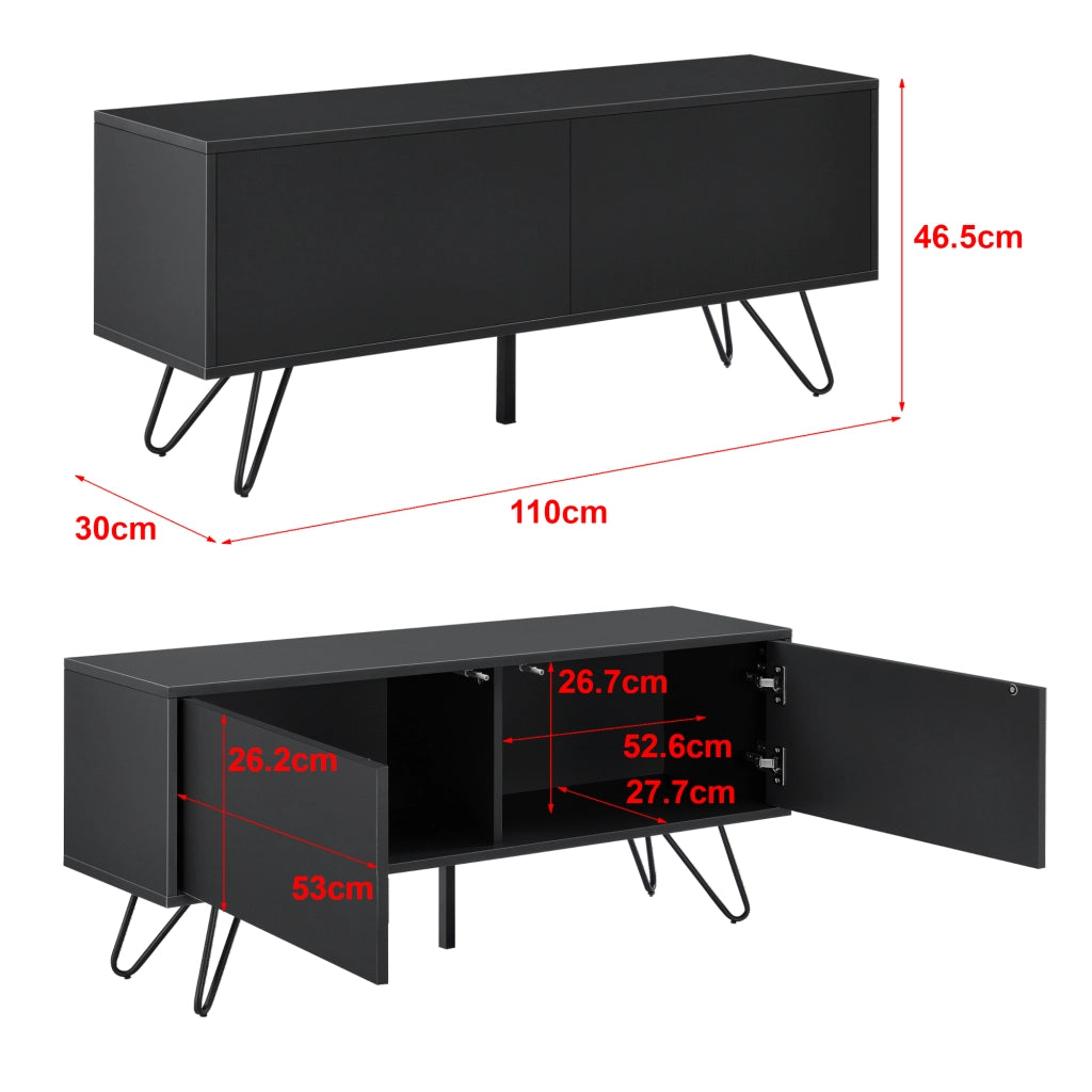 Comò con 2 Ante - Apertura Push-to-Open, Gambe in Metallo - Mobiletto Multiuso per Camera/Ufficio (AxLaxP) 46,5 x 110 x 30 cm - Mobile Porta TV con Supporto fino a 20 kg - Nero