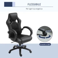 Sedia da Gaming ad Altezza Regolabile, Sedia da Ufficio con Funzione a Dondolo, Girevole e Reclinabile, 71x61x108-118 cm, Nera