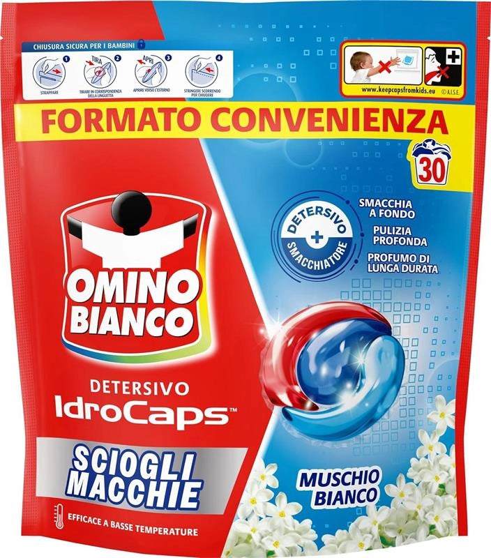 OMINO BIANCO IDROCAPS DETERSIVO LAVATRICE IN CAPSULE SCIOGLI MACCHIE 30 LAVAGGI PER BASSE TEMPERATURE MUSCHIO BIANCO