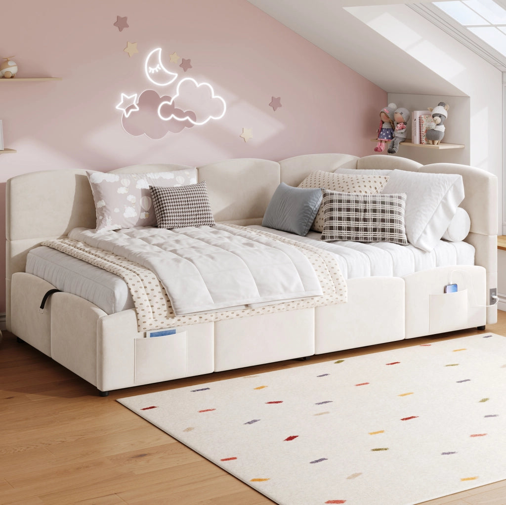 Divano letto con contenitore idraulico; USB-A/USB-C; velluto beige; per materasso 90x200 cm