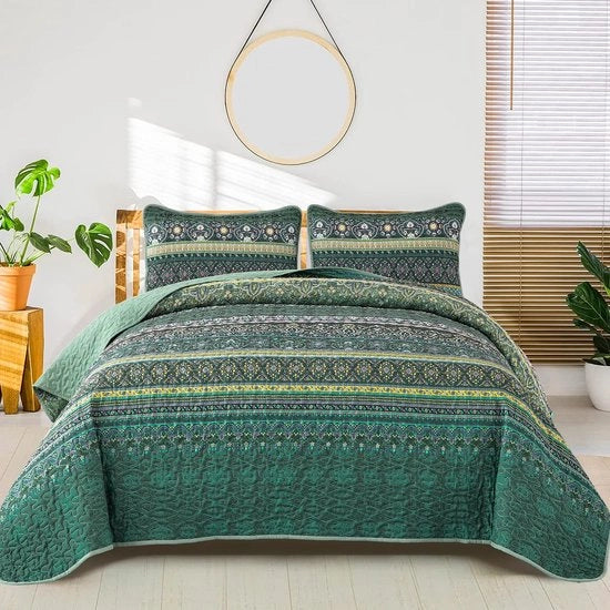 Sprei per letto a due piazze 240x260 Gewatteato 3-Delig con due cuscini in microfibra per camera da letto o come coperta per divano verde