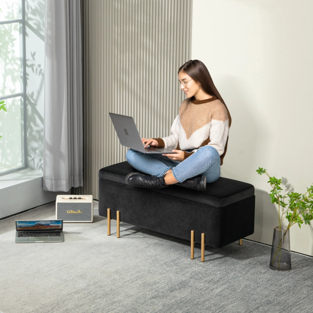 Sgabello imbottito con cassetto ¨C zephmum ¨C nero, metallo, legno, 100x40x42 cm
