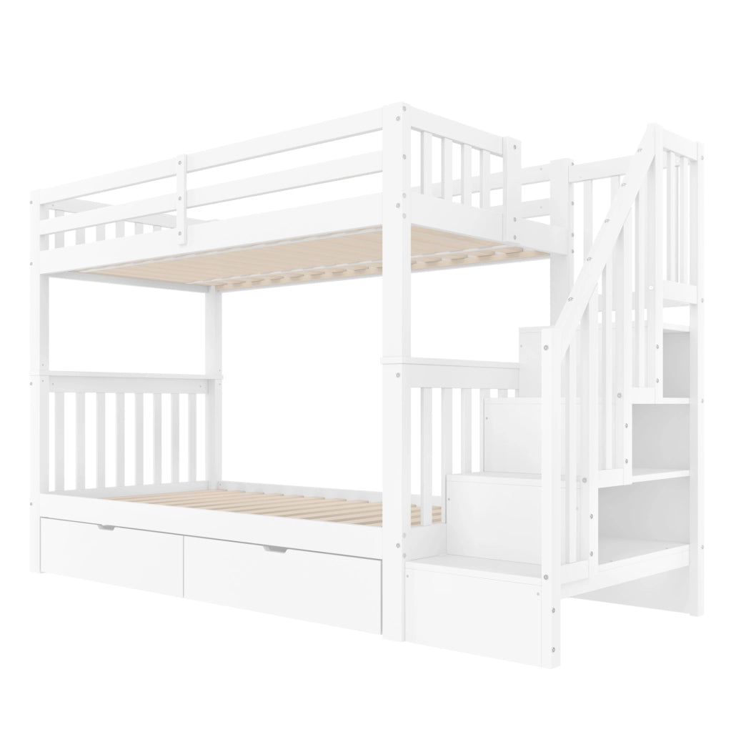 Letto a castello 90 x 200 cm bianco con scala contenitore e 2 cassetti