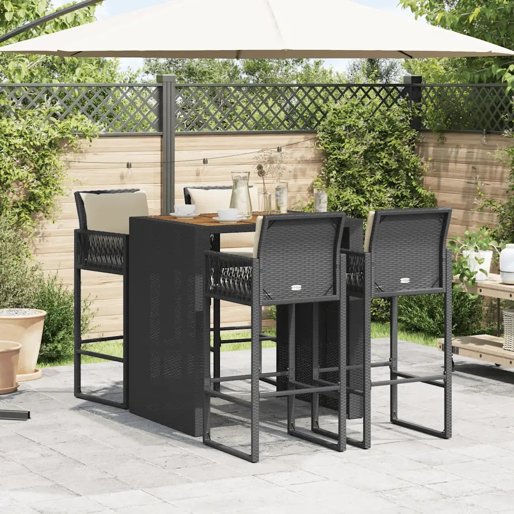 Set Bar da Giardino 5 pz con Cuscini Nero in Polyrattan Acacia 3328896