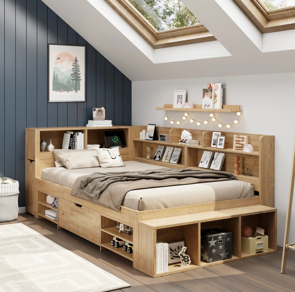 Letto per bambini 90x200 cm con contenitore; ripiani e cassetti; in plywood naturale