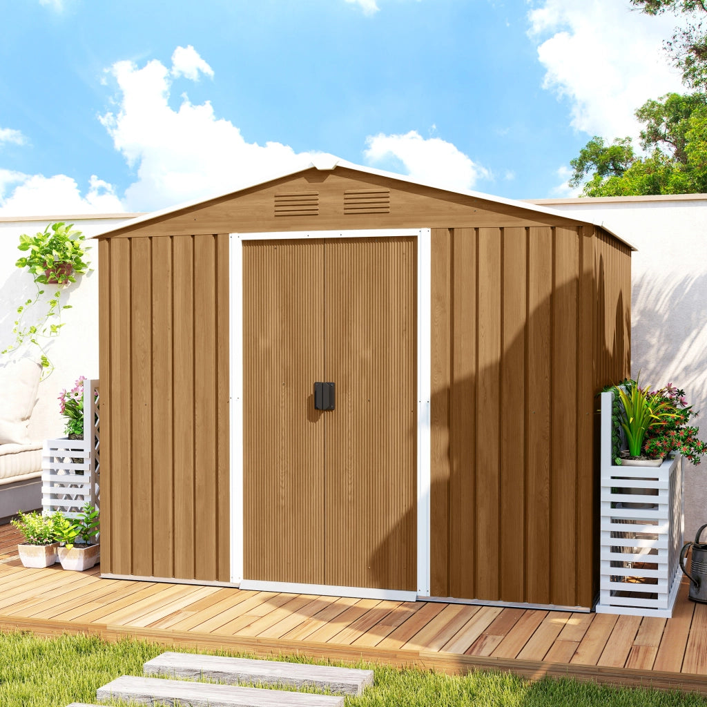 Casetta da Giardino in Lamiera di Acciaio con Porte Scorrevoli, 236x174x190cm, Marrone