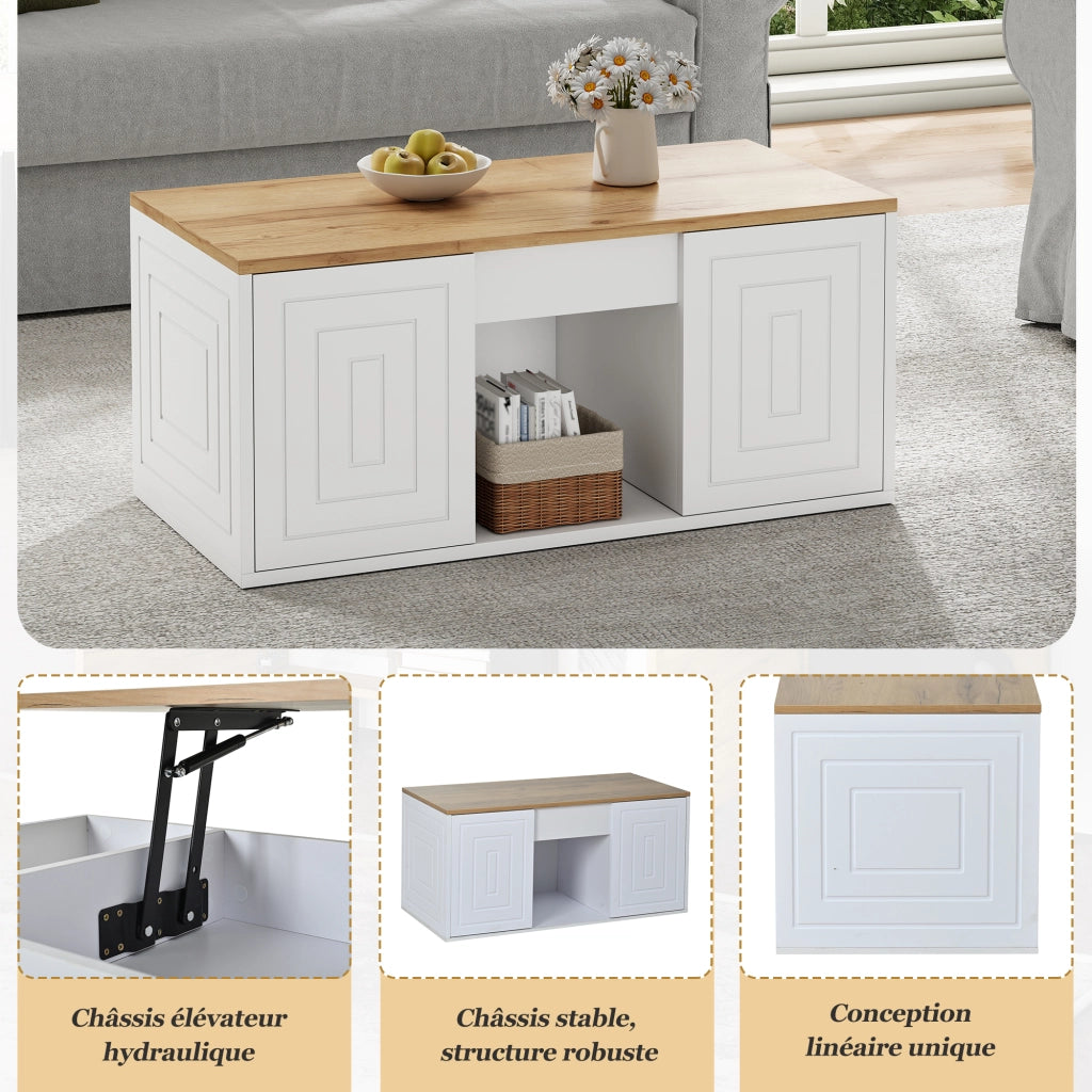 Tavolino basso sollevabile con 2 ante e 6 vani, per soggiorno, in pannello truciolare, bianco e naturale 46 × 95 × 45 cm