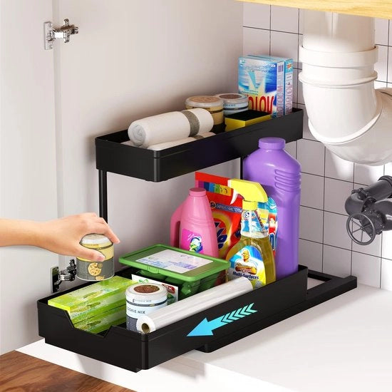 Organizzatore per la cucina sotto il lavello, 2 livelli organizzatore per lavello con 4 ganci, Raccoglitore di spezie Organizzatore per la cucina, piastra per la cucina, armadio, bagno, lavello