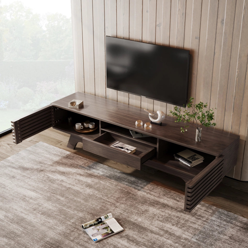 Mobile TV con 2 Ante; 1 Cassetto e Vani Aperti; Passacavi; Stile Vintage; in Pannello di Particelle; 150??35??44 cm; Naturale