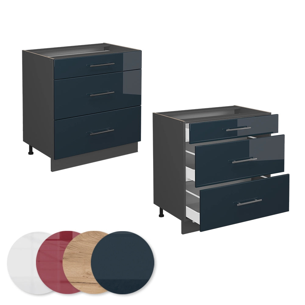 Mobiletto base per cucina Fame-Line Blu scuro lucido/Antracite 80 cm con 3 cassetti, senza piano di lavoro Vicco