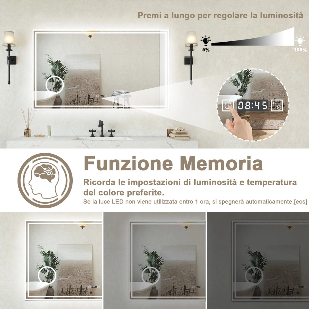 Specchio bagno Rettangolare 160x80cm Led Con 3 Luci + 3X Lente d'ingrandimento + Orologio + Antiappannamento