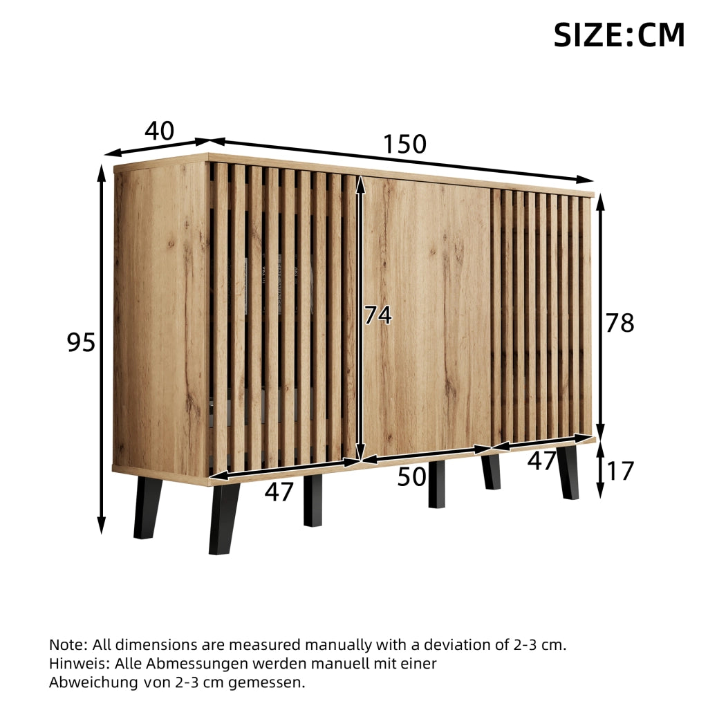 Credenza con 3 ante e 6 scomparti; ante traforate e anta chiusa; per soggiorno e camera; 150 × 40 × 95 cm