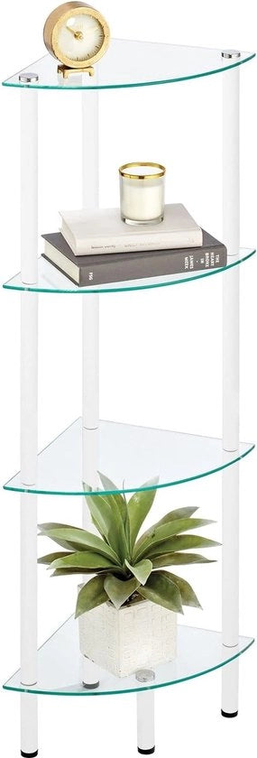 Cassa con 4 pannelli in vetro - cassa angolare in metallo e vetro - vetrina per soggiorno o ufficio - bianco/trasparente