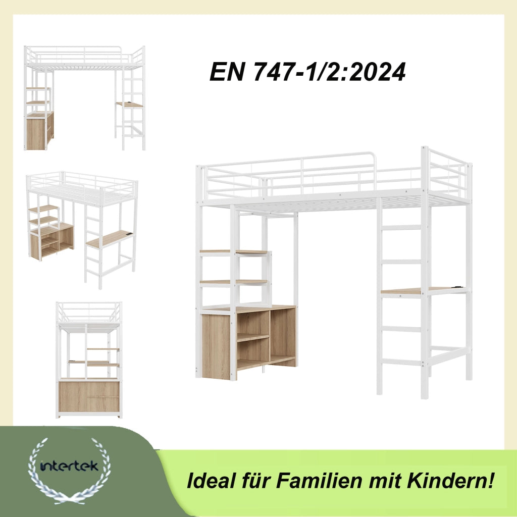 Letto a castello bianco con scrivania funzione presa usb scaffali in metallo 90x200 cm