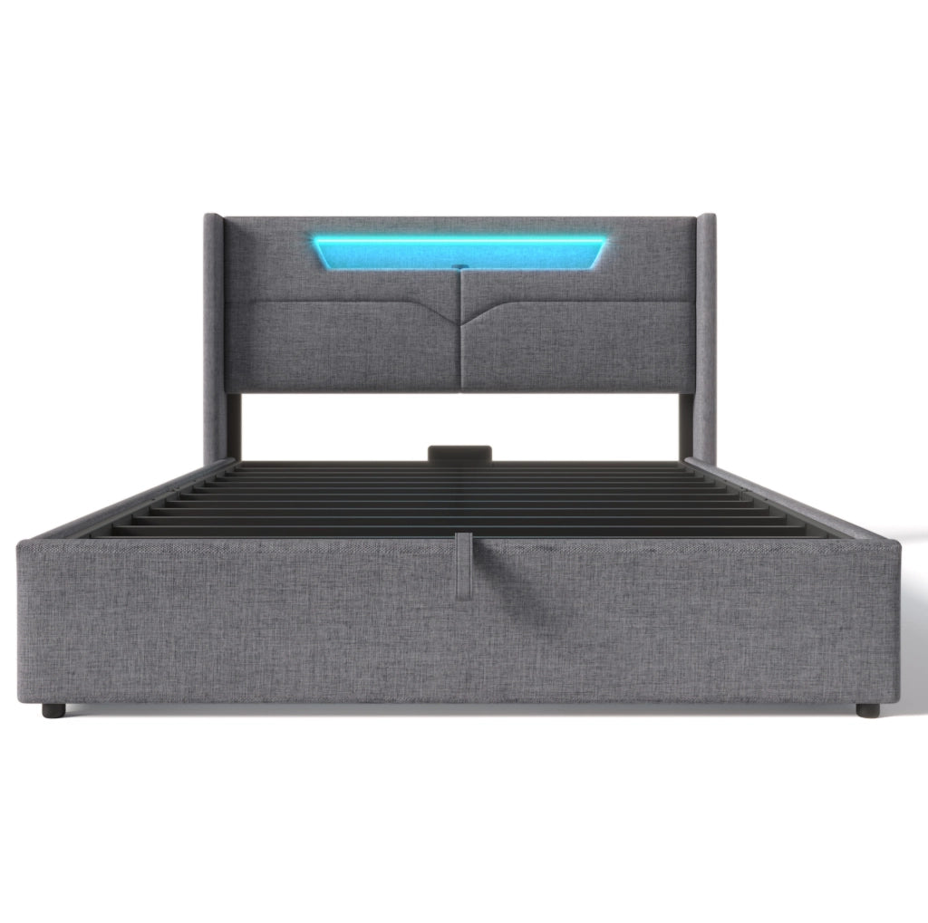 Letto matrimoniale 160x200 cm in tessuto effetto lino grigio con LED; USB e Type C; contenitore