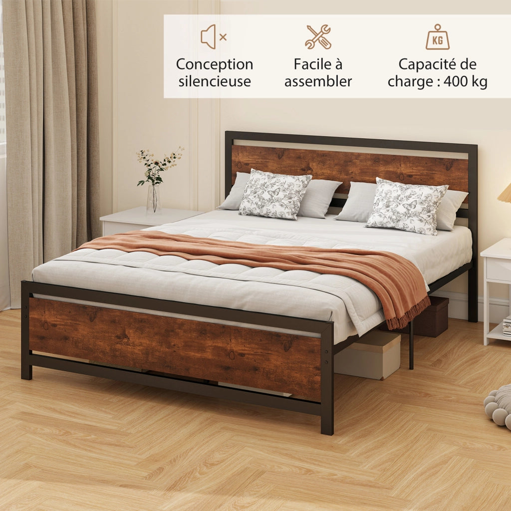 Letto matrimoniale in metallo con testiera e rete a doghe ¨C Xylo ¨C 200x160 cm effetto legno scuro