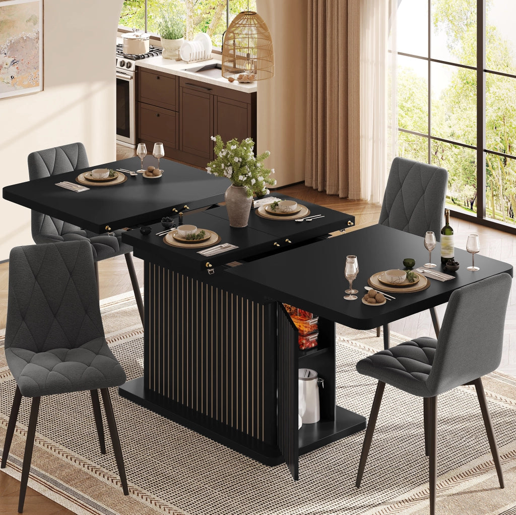 Tavolo da pranzo allungabile 120-160 cm con contenitore; MDF e metallo; nero