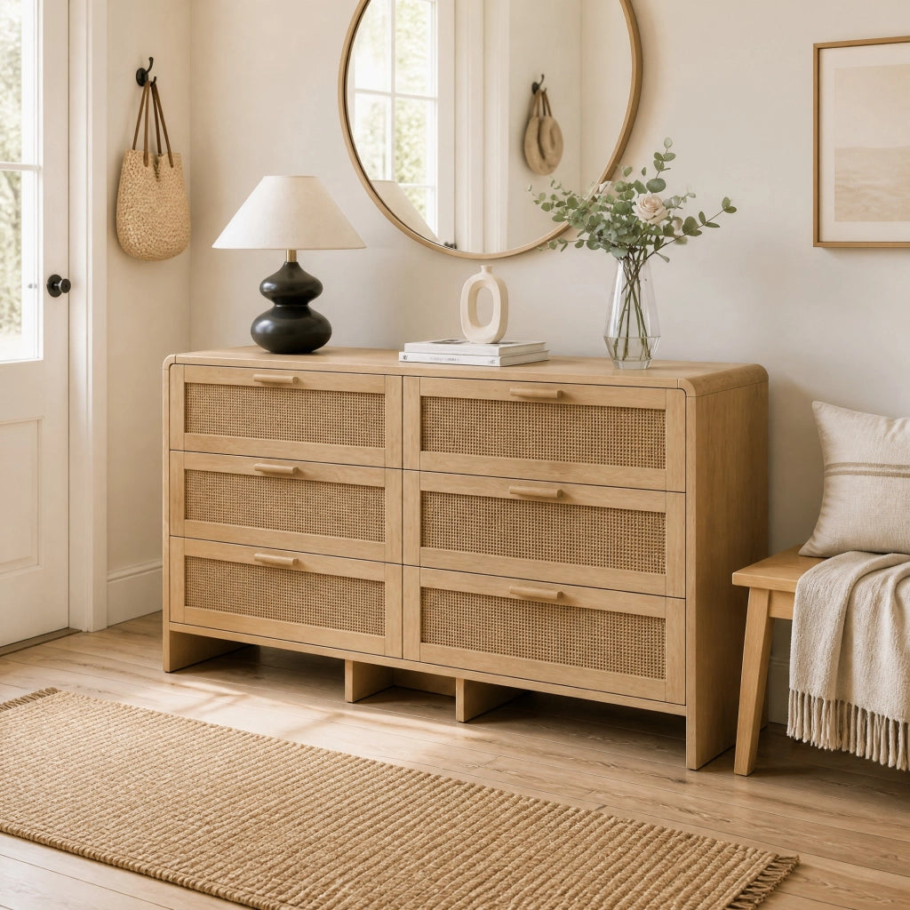 Mobile contenitore ad angolo con 6 cassetti in rattan, finitura naturale, 130 cm