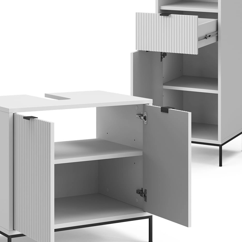 Set di mobili per il bagno Eliza, Bianco, 70 cm, composto da mobile sottolavabo, specchiera e colonna alta