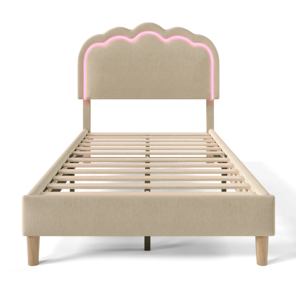Letto imbottito 90x200 cm; testiera LED regolabile; lino; beige (Senza materasso)