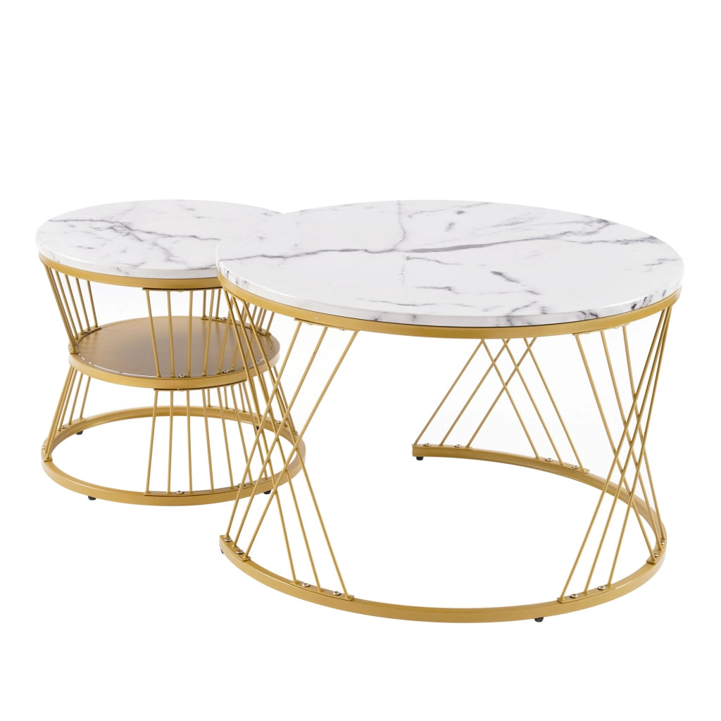 TAVOLINO da caffè set 2 pezzi rotondo impilabile 70/45 cm MDF bianco e oro