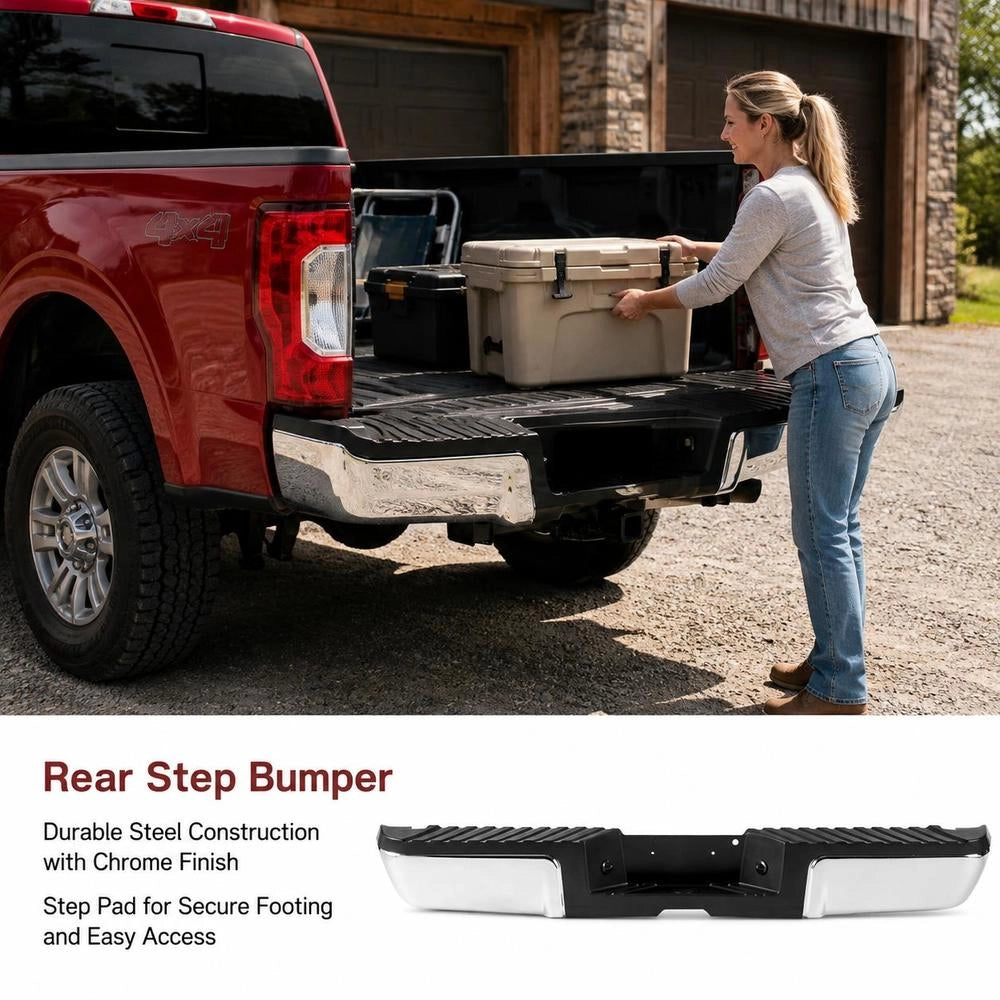 Rear Bumper, Compatible With 2008-2016 Ford F250/Ford F350 Super Duty, Chrome Steel Rear Bumper, Replacement Rear Bumper With License Plate Light And Step Pad