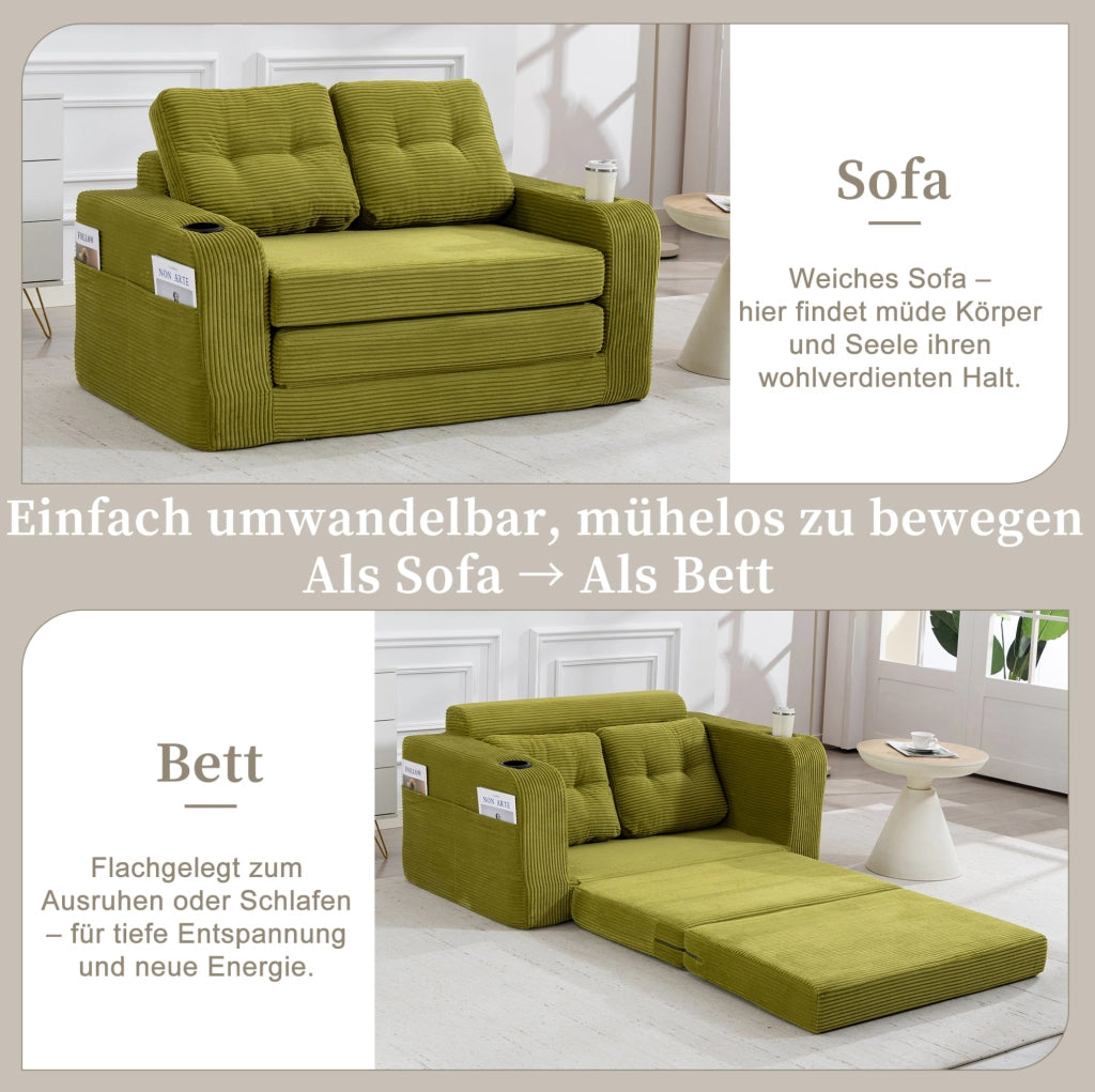 Sofa modulare a 2 posti in tessuto corduroy verde oliva; 136x80x82;5 cm; con tasche laterali e portabicchieri