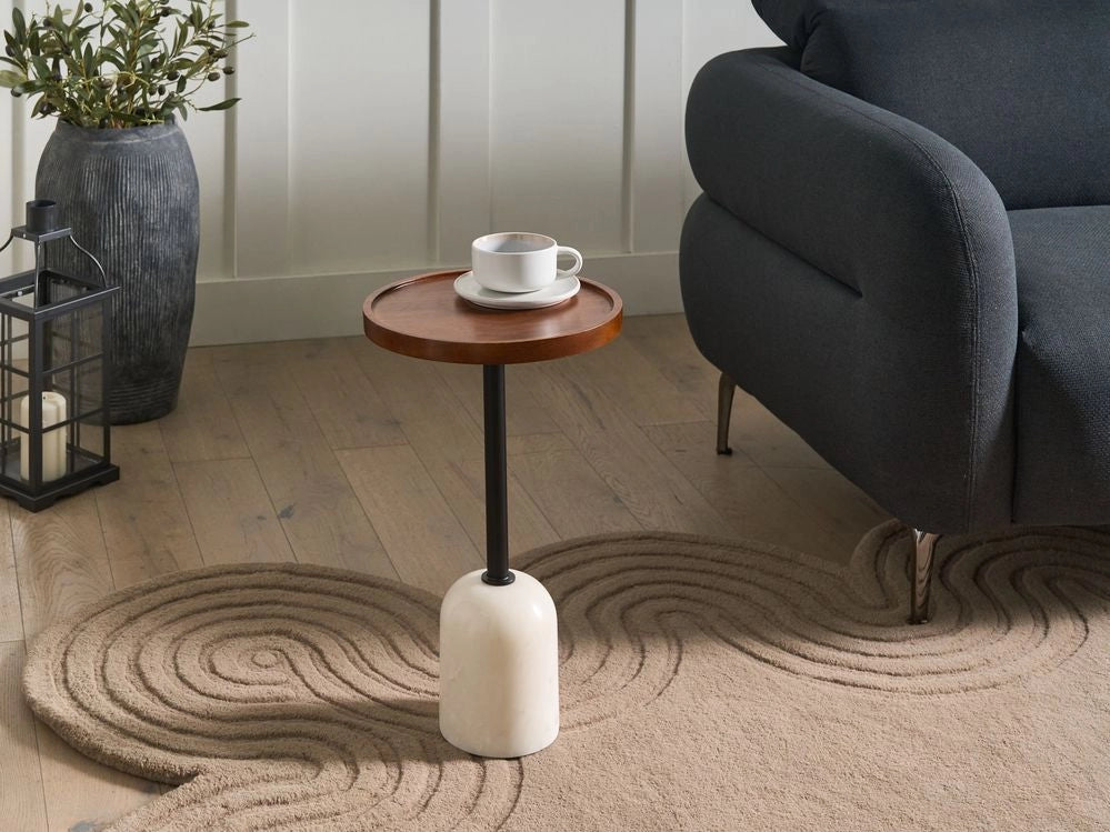 Tavolino moderno con piano rotondo in legno di mango e base in metallo e marmo Tavolino rotondo per soggiorno Marrone e bianco