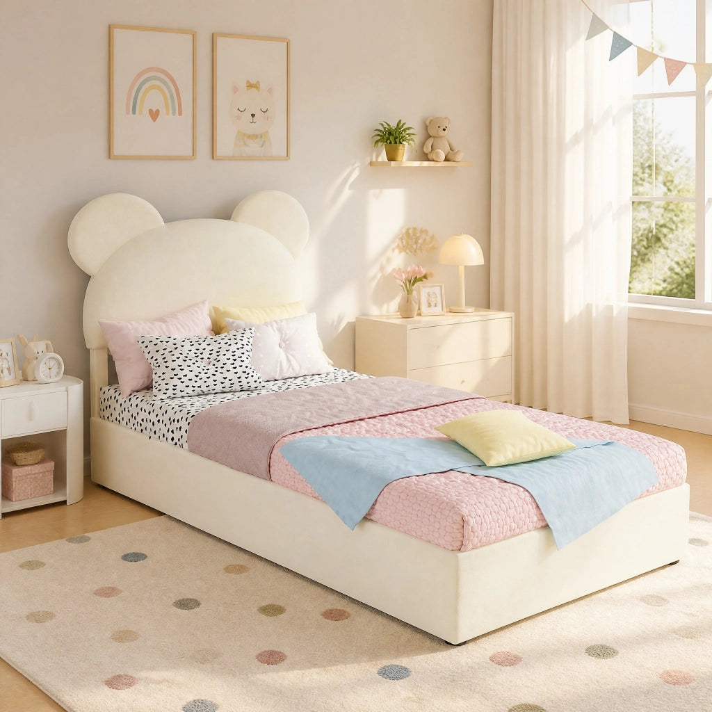 DESMIU Letto per bambini 90 × 200 cm 1 posto con vano contenitore, testiera, senza materasso, beige